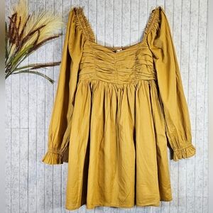 Aaron & Amber Mustard Smocked Long Sleeve Cotton Dress | Size M | Pockets